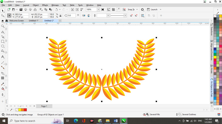 Vẽ bông lúa trong CorelDRAW: Bông lúa được nhân bản và lật ngang