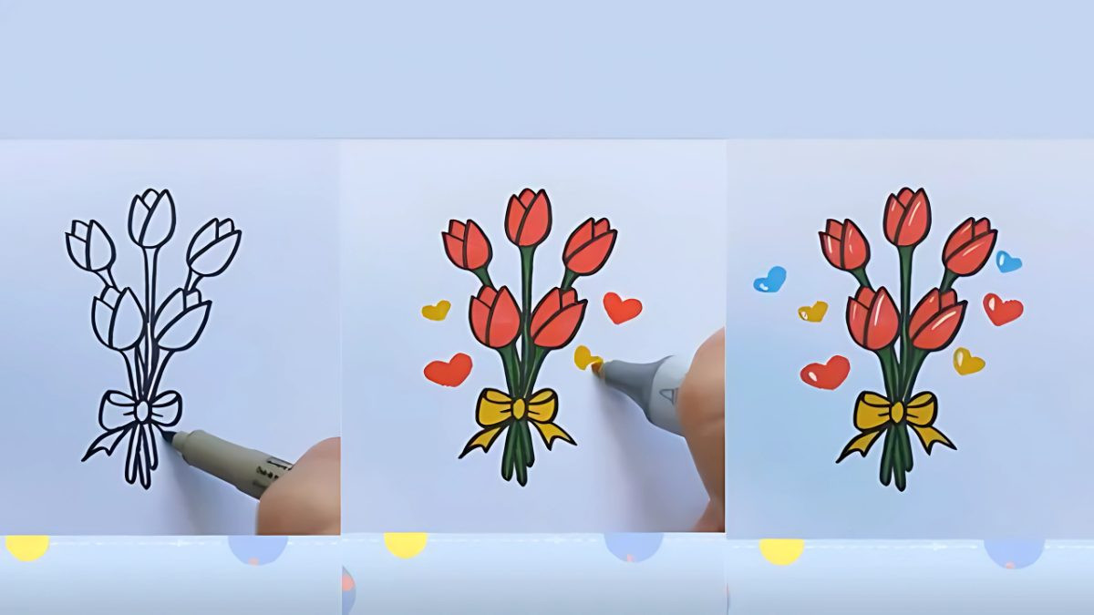 Bản vẽ phác thảo một bó hoa tulip với các bông hoa sắp xếp gọn gàng