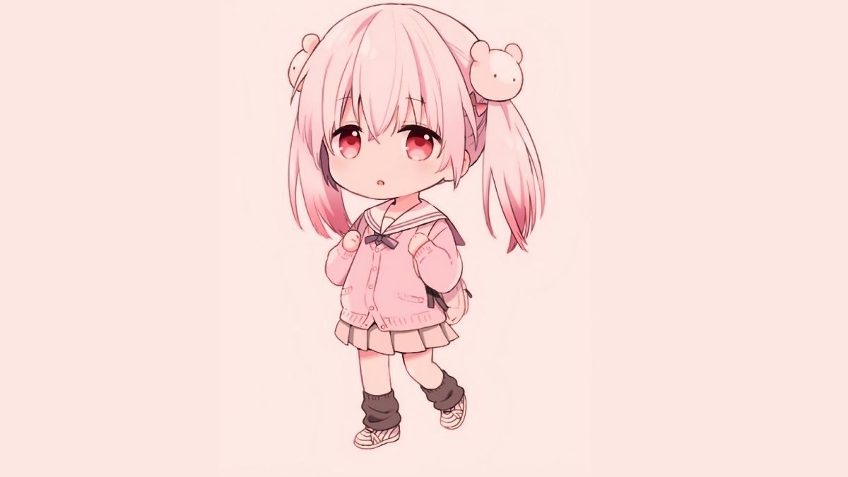 Bức tranh anime nữ chibi với đôi mắt to tròn và biểu cảm đáng yêu