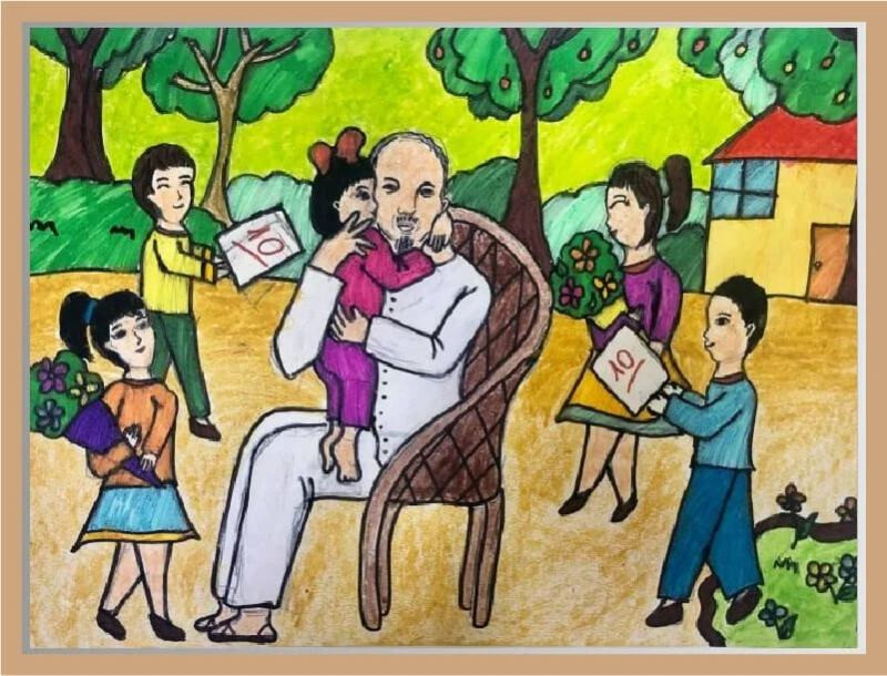 Cách vẽ tranh Bác Hồ với thiếu nhi đơn giản, bố cục hài hòa