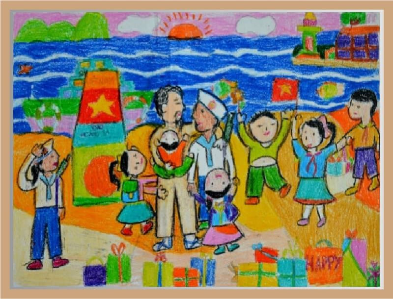 Mẫu tranh vẽ Bác Hồ với thiếu nhi đơn giản với khung cảnh thiên nhiên