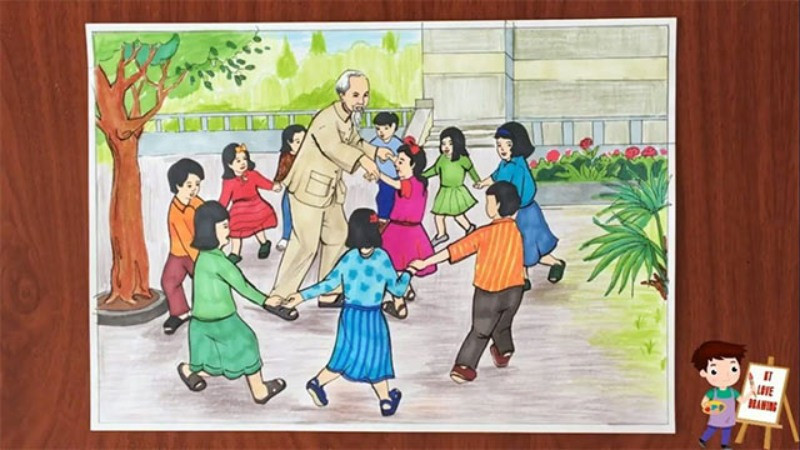 Mẫu tranh Bác Hồ và các cháu thiếu nhi với trang phục truyền thống