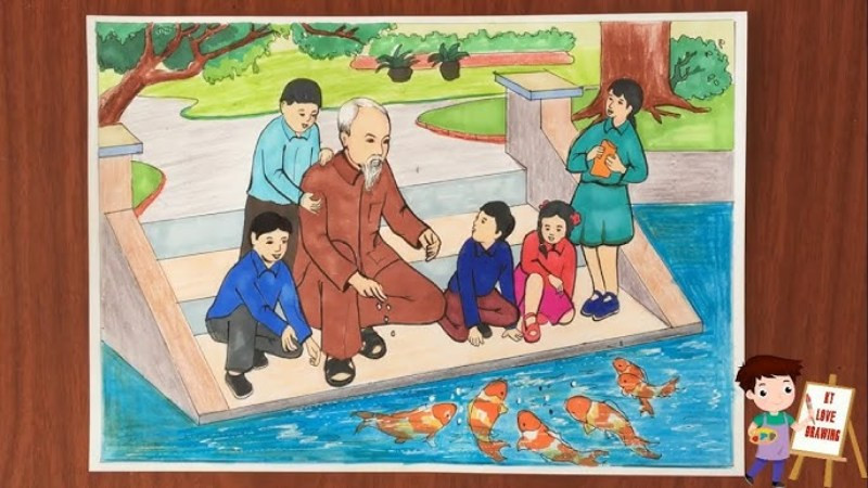 Mẫu tranh Bác Hồ và thiếu nhi cùng nhau học tập