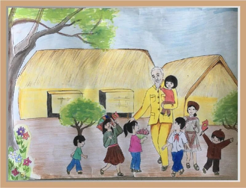 Mẫu tranh vẽ Bác Hồ với thiếu nhi trong vườn hoa