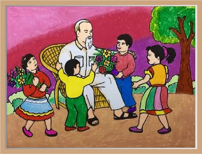 Bức tranh phong cảnh có Bác Hồ và các cháu nhỏ trong một khung cảnh vui tươi