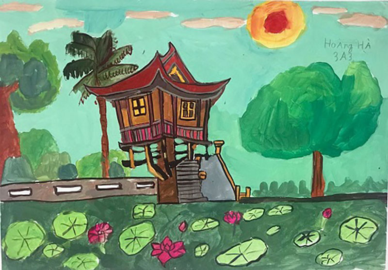 Bức tranh vẽ Chùa Một Cột, biểu tượng văn hóa đặc trưng của Hà Nội, với phong cách thể hiện sinh động
