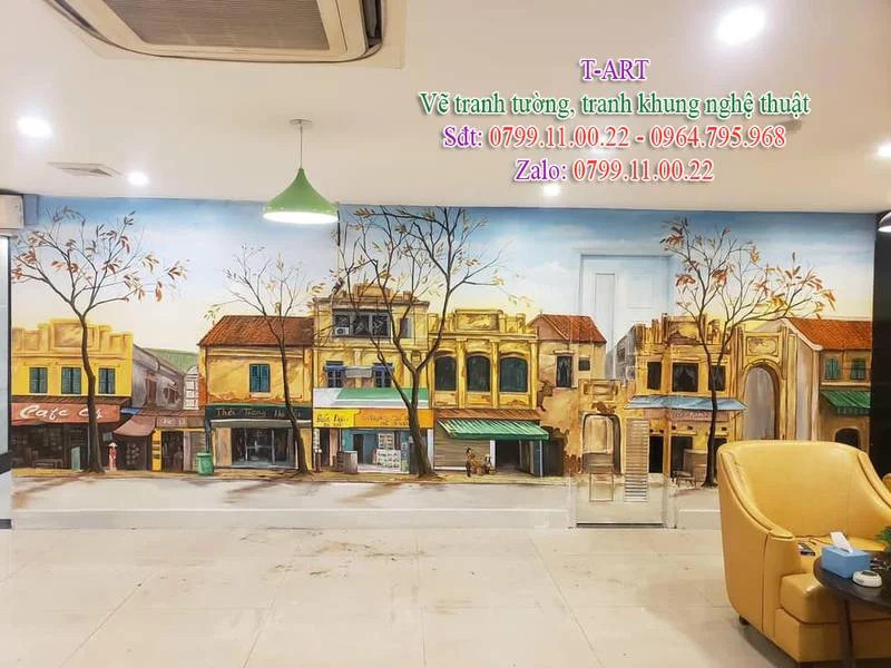 Bức tranh tường dãy phố cổ Hà Nội với những quán cà phê và cửa hàng truyền thống