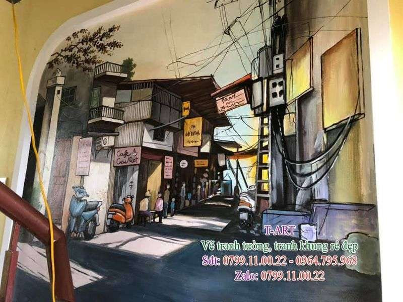 Tranh tường tái hiện một góc phố xá Hà Nội nhộn nhịp