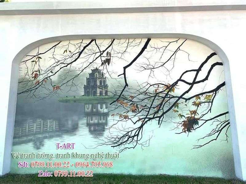 Bức tranh tường Hồ Hoàn Kiếm với Tháp Rùa cổ kính phản chiếu trên mặt nước