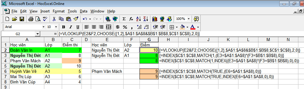 Minh họa VLOOKUP/INDEX MATCH trong tình huống tìm kiếm nhiều điều kiện