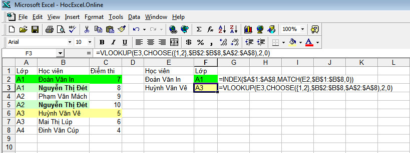 Ví dụ về VLOOKUP kết hợp CHOOSE để dò tìm ngược