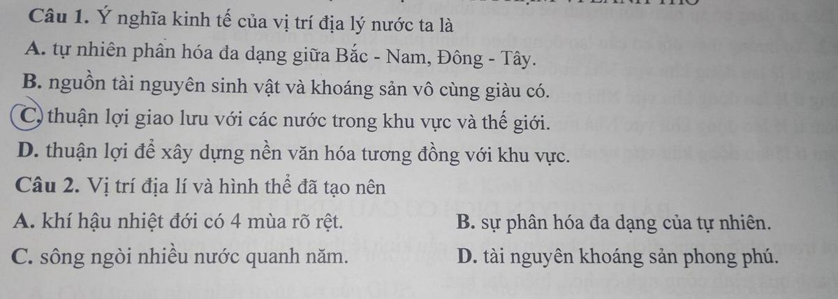 Đề bài và đáp án về ý nghĩa kinh tế của vị trí địa lý nước ta và câu hỏi vị trí địa lí, hình thể lãnh thổ