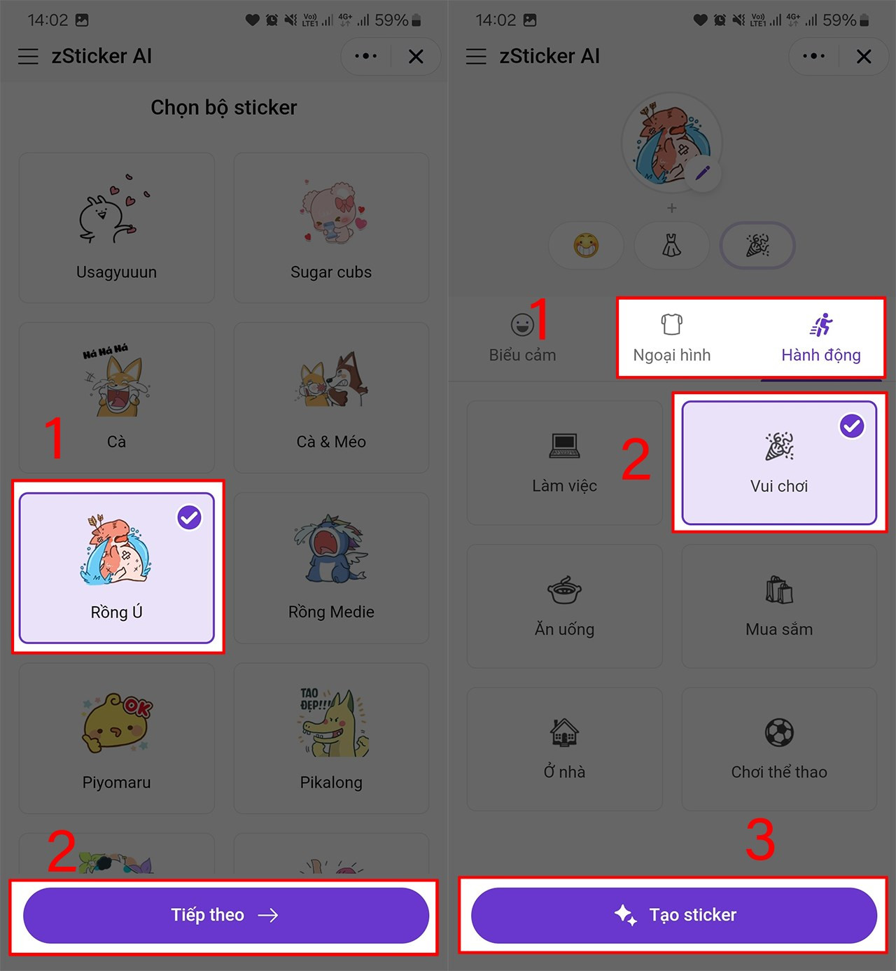 Giao diện chọn biểu cảm và hành động khi tạo sticker AI trên Zalo
