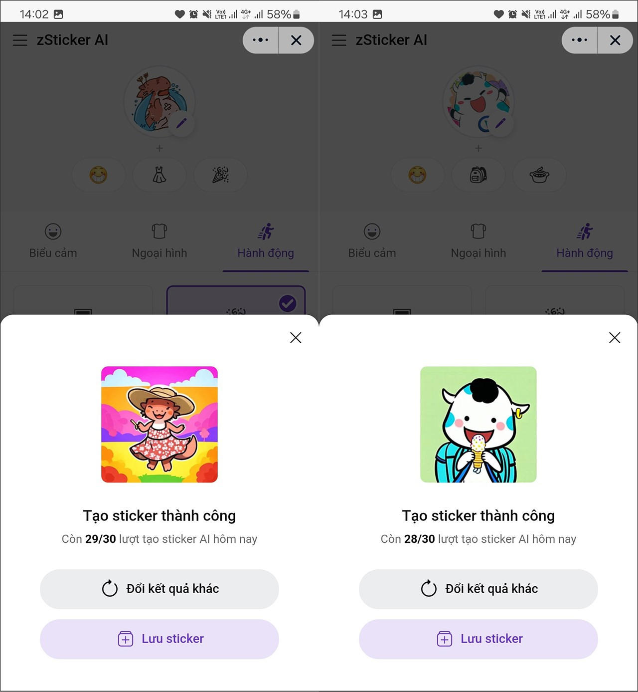 Lưu sticker Zalo vừa tạo bằng AI vào bộ sưu tập và sẵn sàng chia sẻ