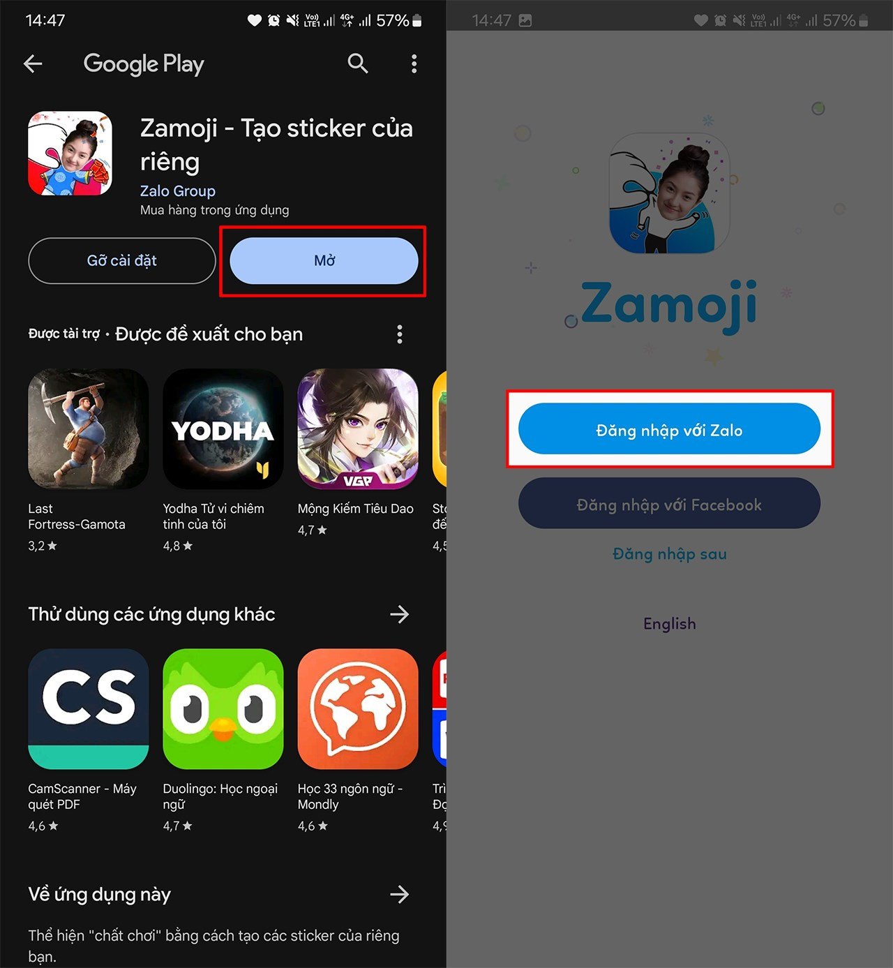 Giao diện đăng nhập Zamoji bằng tài khoản Zalo hoặc Facebook