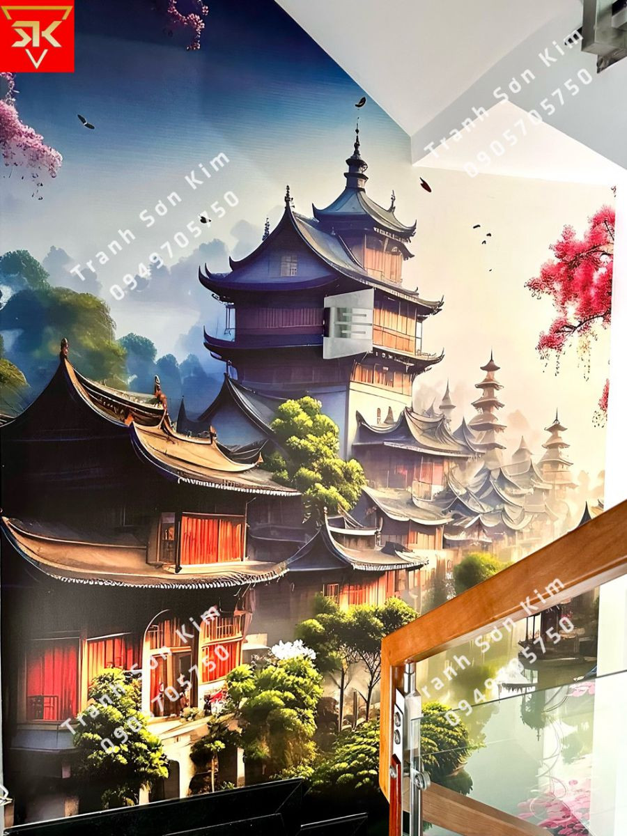 Vẻ đẹp thanh bình của tranh dán tường sơn thủy hữu tình cho không gian dọc