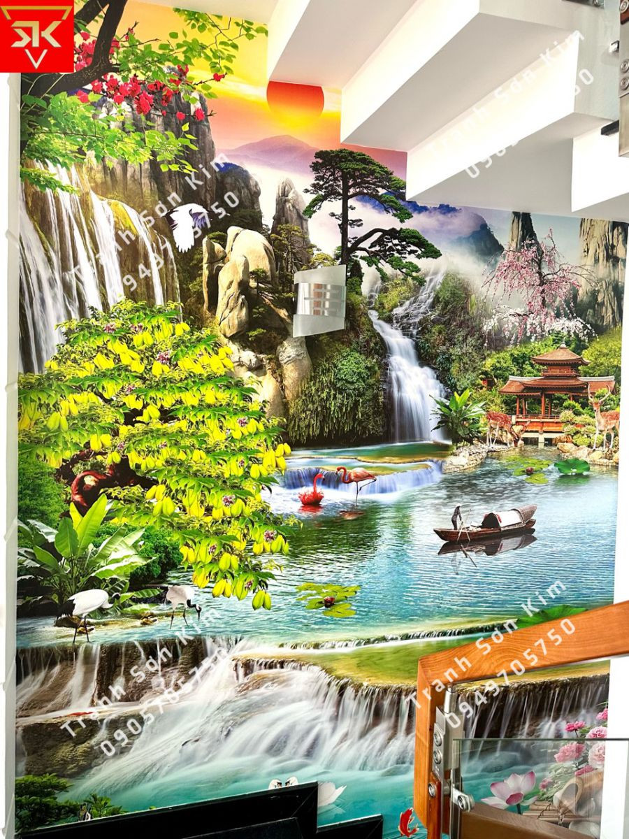 Thiết kế tranh dán tường sơn thủy hữu tình khổ dọc cho vách cầu thang