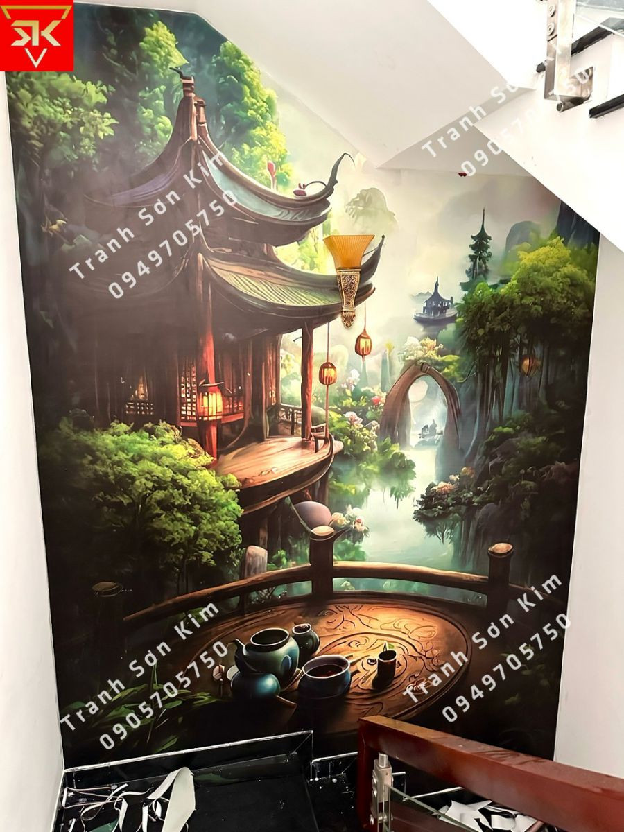 Tranh dán tường sơn thủy hữu tình trang trí vách tường cầu thang
