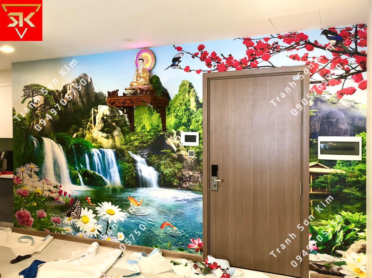 Thi công tranh dán tường sơn thủy hữu tình cho phòng khách thêm sang trọng